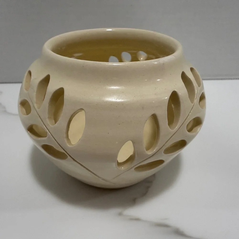 Vintage Handmade Ceramic Pottery Candle Luminary Cutout Pierced Leaves Signed